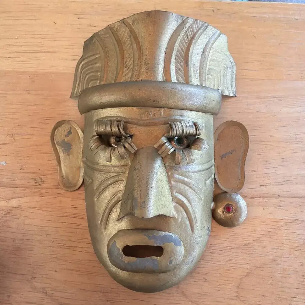 3 VNTG Mexican Tin Metal Masks Beaded Eyes Folk Art Primitive Style Tribal 6”x5”
